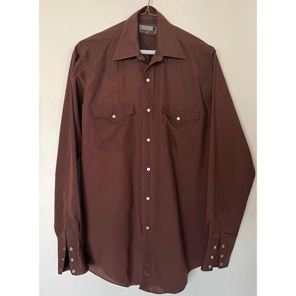 Vintage 70s Western Fenton Pearl Snap Shirt Brown Extra Long Tall M/L 41" Chest